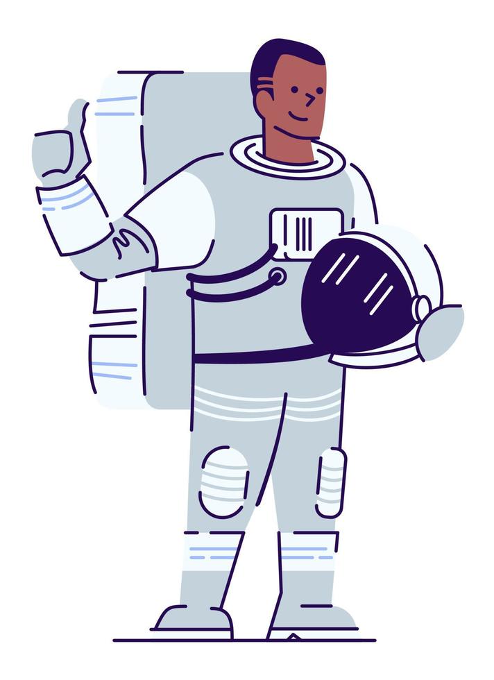 ruimte toeristische semi platte rgb kleur vectorillustratie. mannelijke astronaut die een helm vasthoudt en een duim omhoog laat zien, een geïsoleerd stripfiguur op een witte achtergrond vector