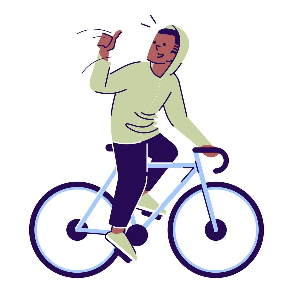 avonturier semi platte rgb kleur vectorillustratie. jonge man op de fiets met duim omhoog geïsoleerd stripfiguur op witte achtergrond vector