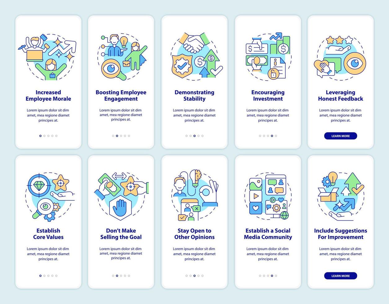 zakelijke transparantie onboarding mobiele app-schermset. open informatie walkthrough 5 stappen grafische instructiepagina's met lineaire concepten. ui, ux, gui-sjabloon. talloze pro-bold, reguliere lettertypen gebruikt vector