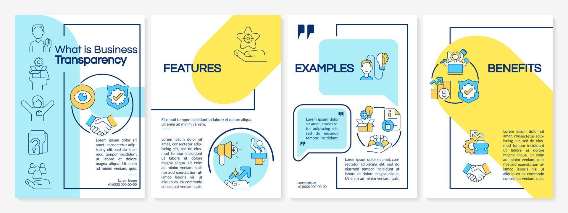 zakelijke transparantie blauwe en gele brochure sjabloon. boekje afdrukontwerp met lineaire pictogrammen. vectorlay-outs voor presentatie, jaarverslagen, advertenties. questriaal-reguliere, lato-reguliere lettertypen gebruikt vector