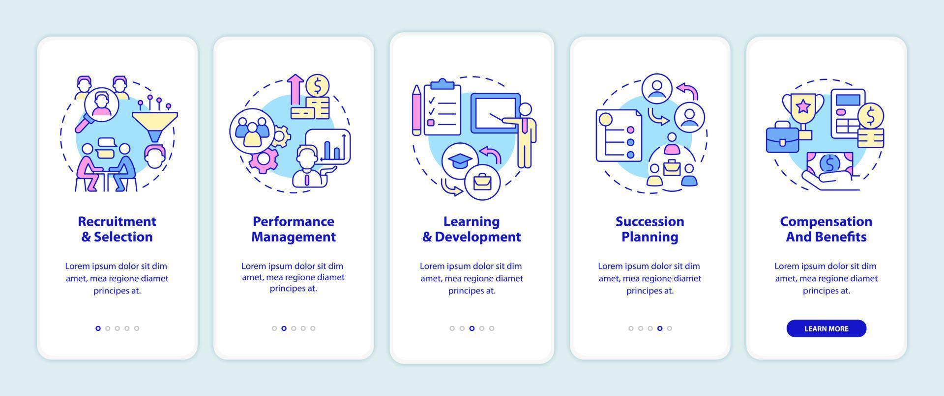 hr-beheer basics onboarding mobiele app-scherm. wervingsproces doorloop 5 stappen grafische instructiepagina's met lineaire concepten. ui, ux, gui-sjabloon. talloze pro-bold, reguliere lettertypen gebruikt vector