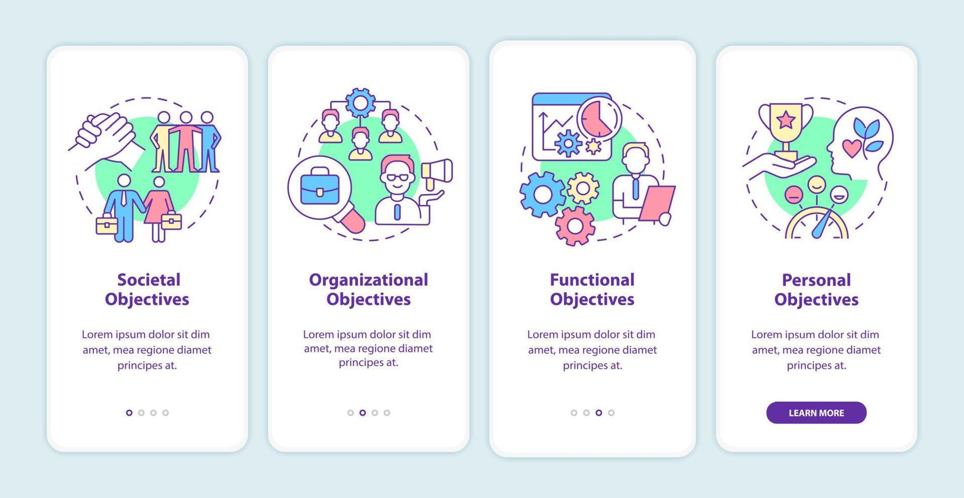 doelstellingen van het onboarding-scherm van de mobiele app voor personeelsbeheer. walkthrough 4 stappen grafische instructiepagina's met lineaire concepten. ui, ux, gui-sjabloon. talloze pro-bold, reguliere lettertypen gebruikt vector