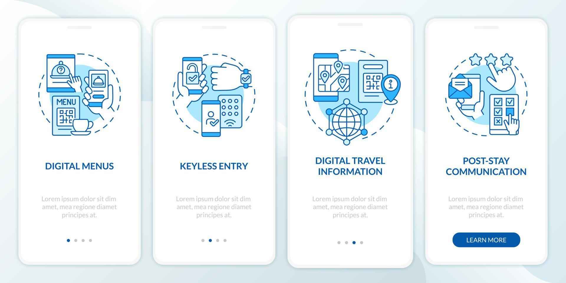 contactloze technologie voor hotels blauw onboarding mobiel app-scherm. walkthrough 4 stappen grafische instructiepagina's met lineaire concepten. ui, ux, gui-sjabloon. talloze pro-bold, reguliere lettertypen gebruikt vector