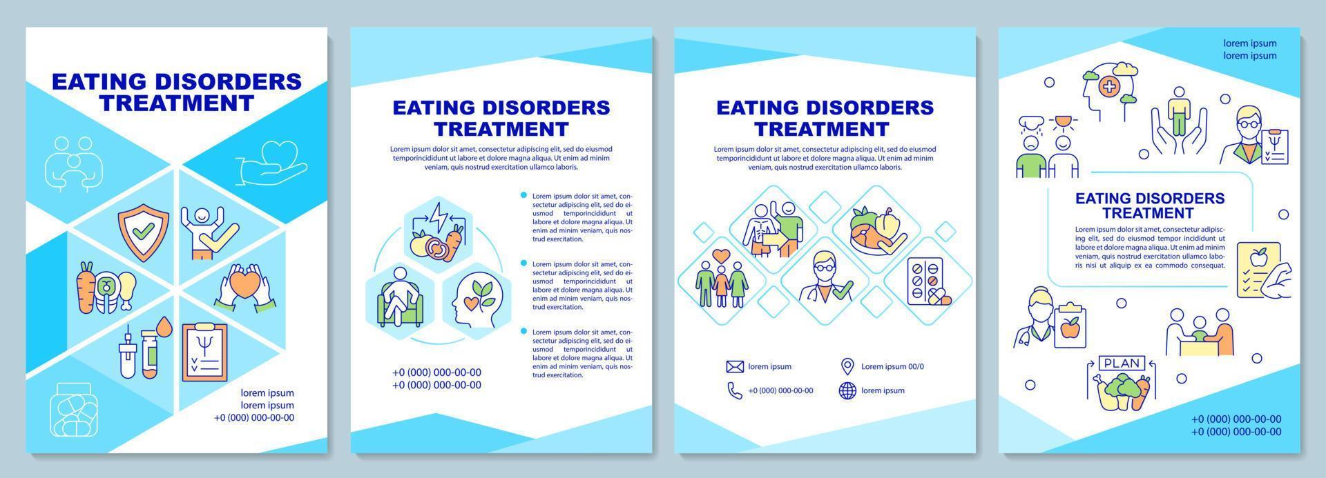 eetstoornissen behandeling blauwe brochure sjabloon. anorexia. boekje afdrukontwerp met lineaire pictogrammen. vectorlay-outs voor presentatie, jaarverslagen, advertenties. arial-black, talloze pro-reguliere lettertypen gebruikt vector