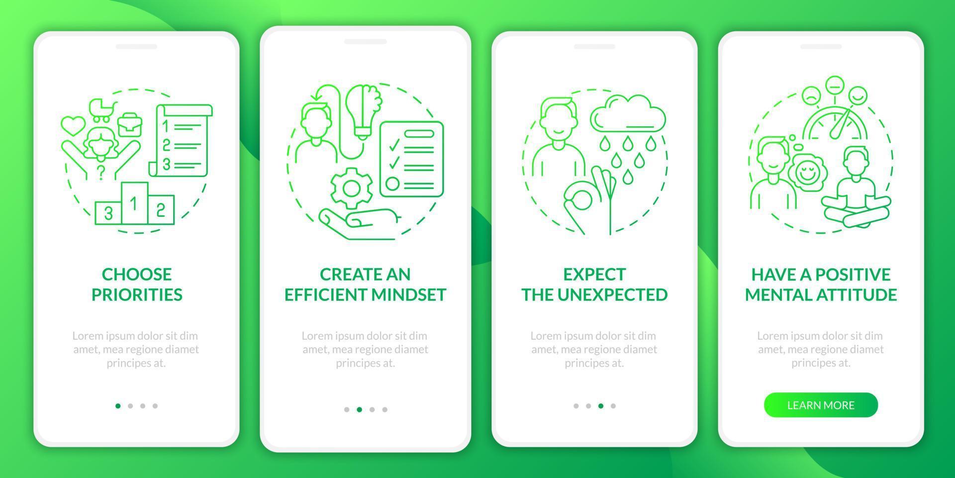 evenwichtige levenstips groen verloop onboarding mobiele app-scherm. lifestyle walkthrough 4 stappen grafische instructiepagina's met lineaire concepten. ui, ux, gui-sjabloon. talloze pro-bold, reguliere lettertypen gebruikt vector