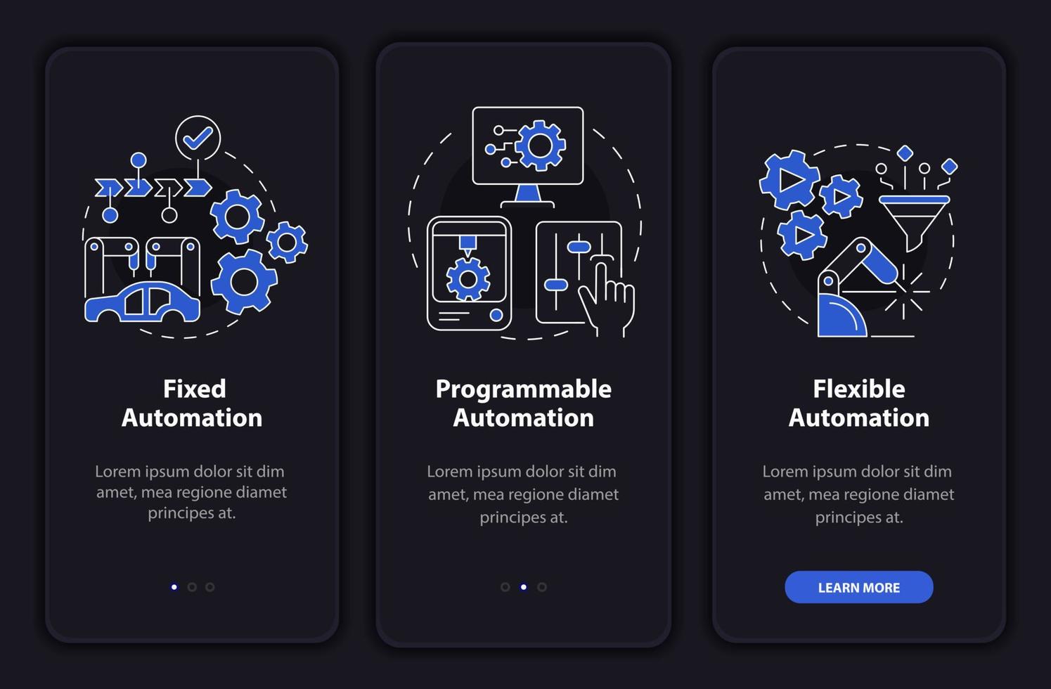 automatiseringstypen nachtmodus onboarding mobiele app-scherm. walkthrough 3 stappen grafische instructiepagina's met lineaire concepten. ui, ux, gui-sjabloon. talloze pro-bold, reguliere lettertypen gebruikt vector