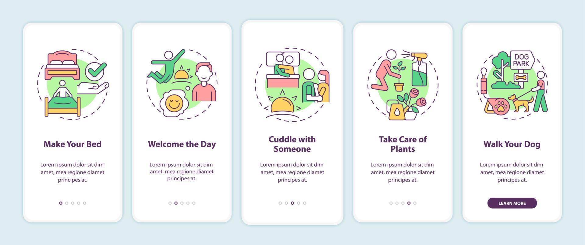 dagelijkse routine tips onboarding mobiele app scherm. start dag walkthrough 5 stappen grafische instructiepagina's met lineaire concepten. ui, ux, gui-sjabloon. talloze pro-bold, reguliere lettertypen gebruikt vector