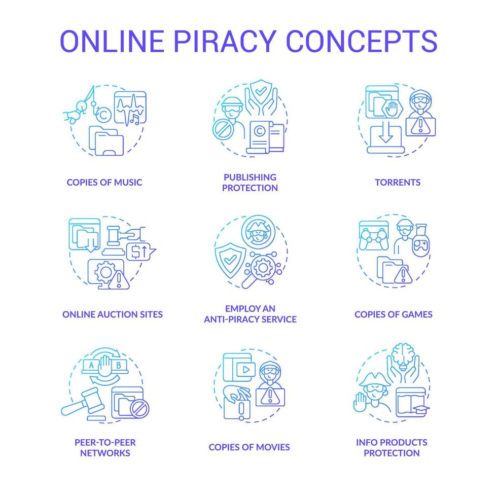 online piraterij blauwe gradiënt concept iconen set. auteursrechtelijk beschermde inhoud idee dunne lijn kleur illustraties. online veilingsites. peer-to-peer-netwerken. gebruik van torrents. vector geïsoleerde overzichtstekeningen