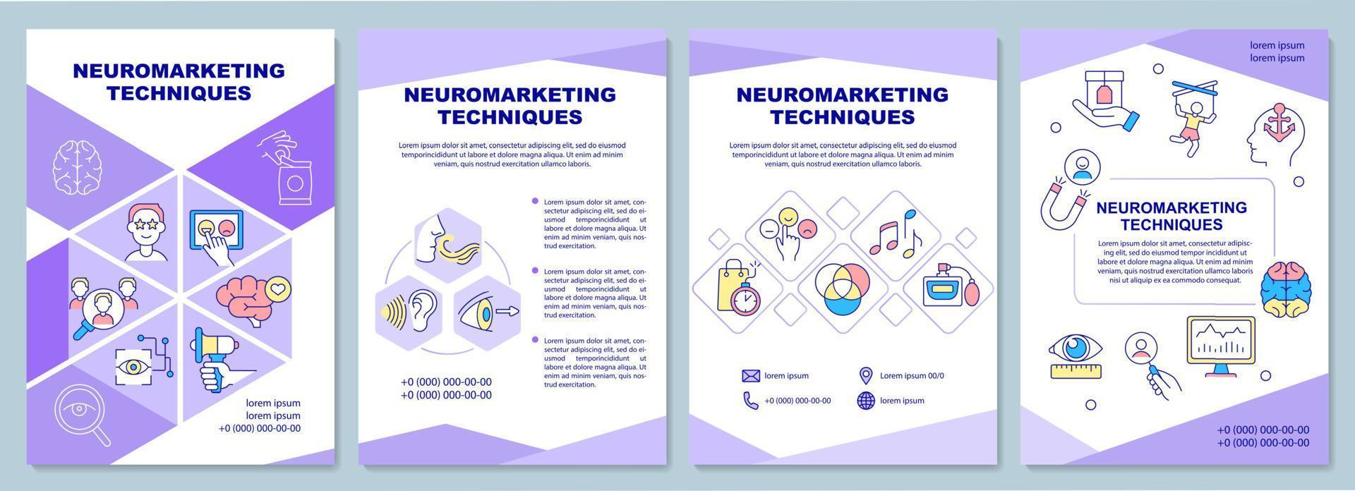 brochuresjabloon voor neuromarketingtechnieken. psychologische trucs. flyer, boekje, folder afdrukken, omslagontwerp met lineaire pictogrammen. vectorlay-outs voor presentatie, jaarverslagen, advertentiepagina's vector