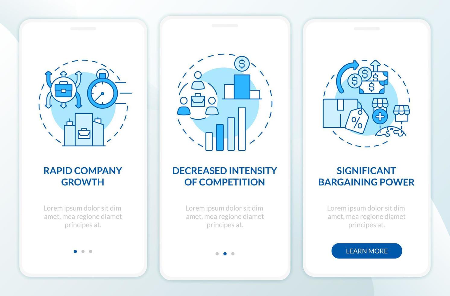 externe groei voordelen blauwe onboarding mobiele app paginascherm. business uitbreiden walkthrough 3 stappen grafische instructies met concepten. ui, ux, gui vectorsjabloon met lineaire kleurenillustraties vector