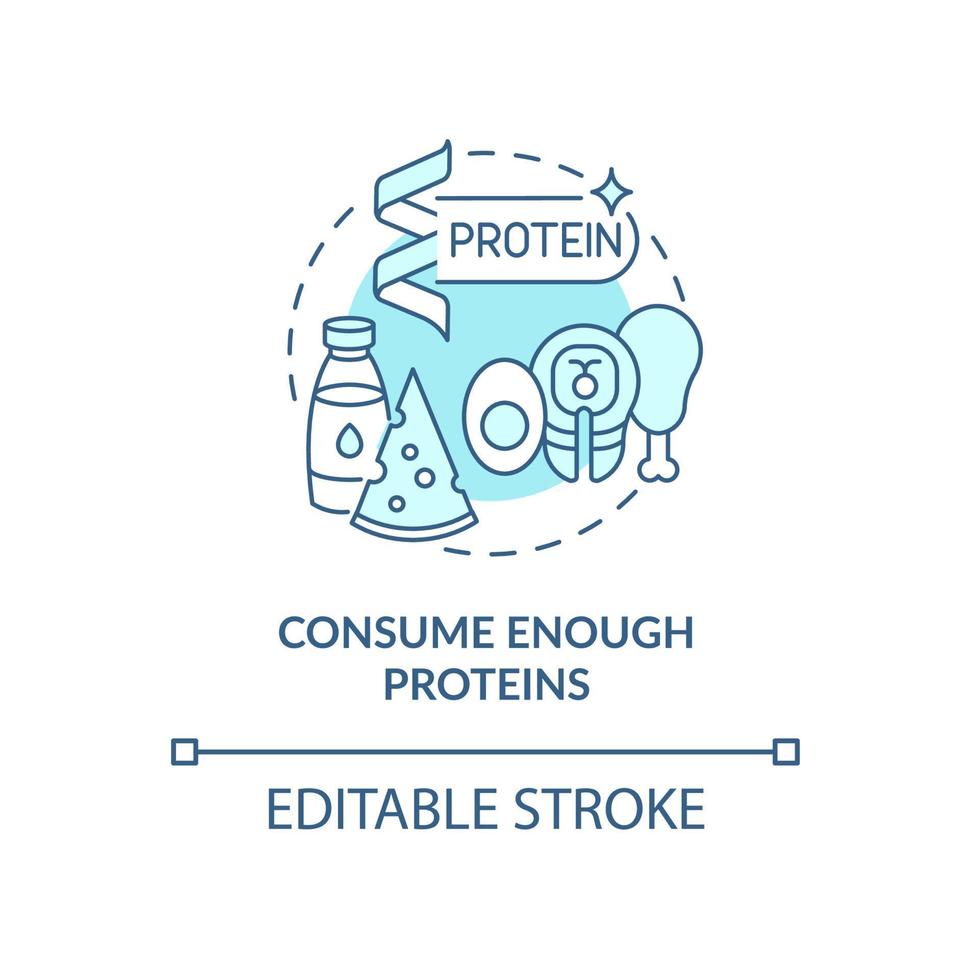 consumeer voldoende eiwitten blauw concept icoon. zwangerschap dieet abstracte idee dunne lijn illustratie. postnatale groei ondersteunen. vlees, zuivelproducten. vector geïsoleerde omtrek kleur tekening. bewerkbare streek