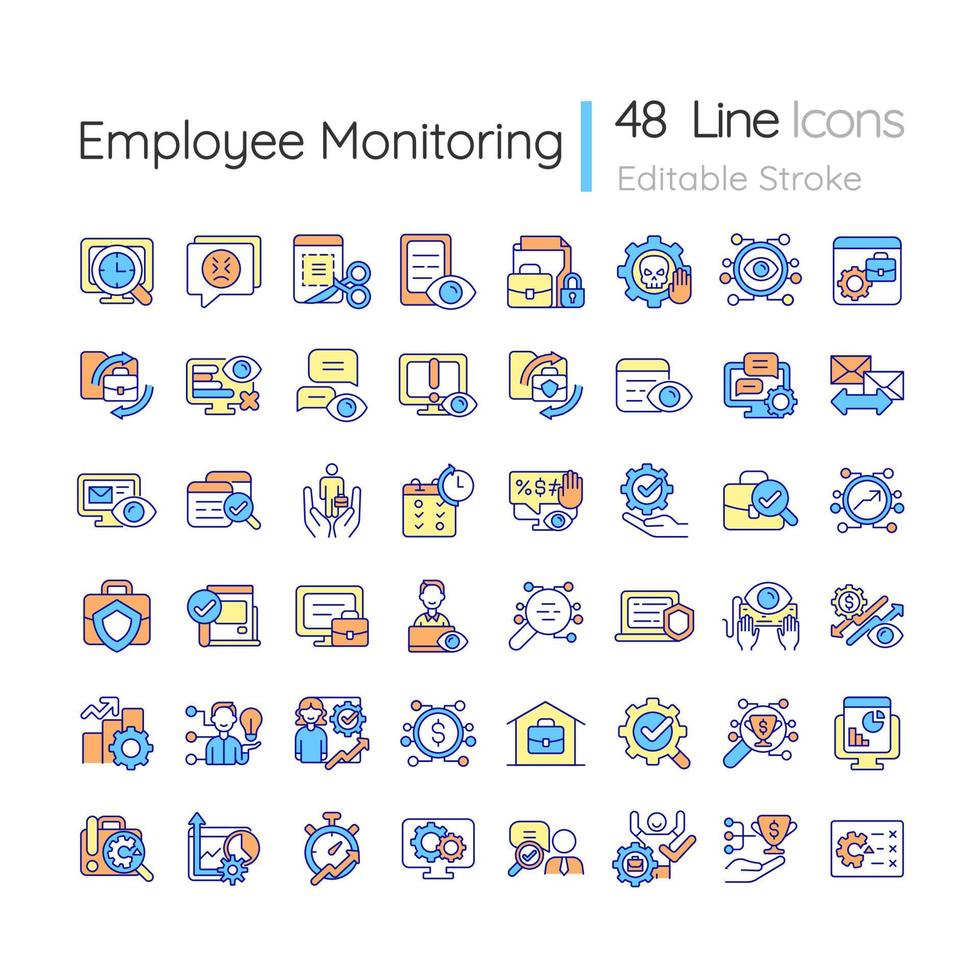 werknemer monitoring rgb kleur iconen set. prestaties van de werknemer. productiviteit op het werk volgen. tijdsbeheer. geïsoleerde vectorillustraties. eenvoudige gevulde lijntekeningencollectie. bewerkbare streek vector