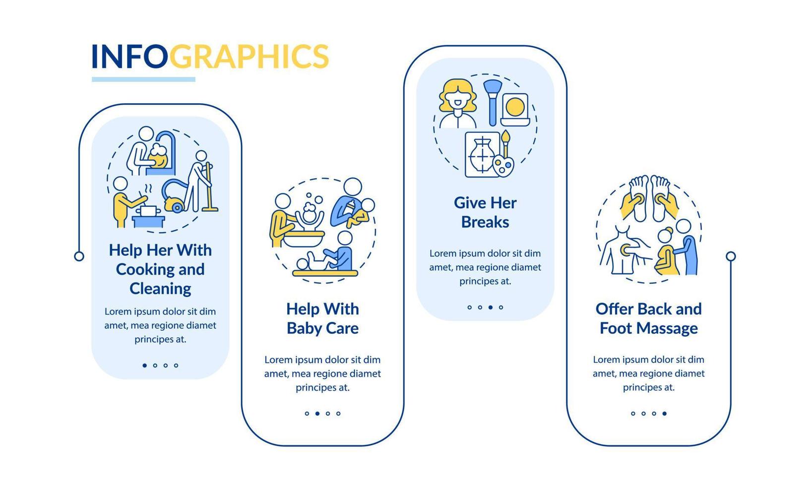 ondersteunende zwangere partner vector infographic sjabloon. geef pauzes presentatie schets ontwerpelementen. datavisualisatie met 4 stappen. proces tijdlijn info grafiek. workflowlay-out met lijnpictogrammen