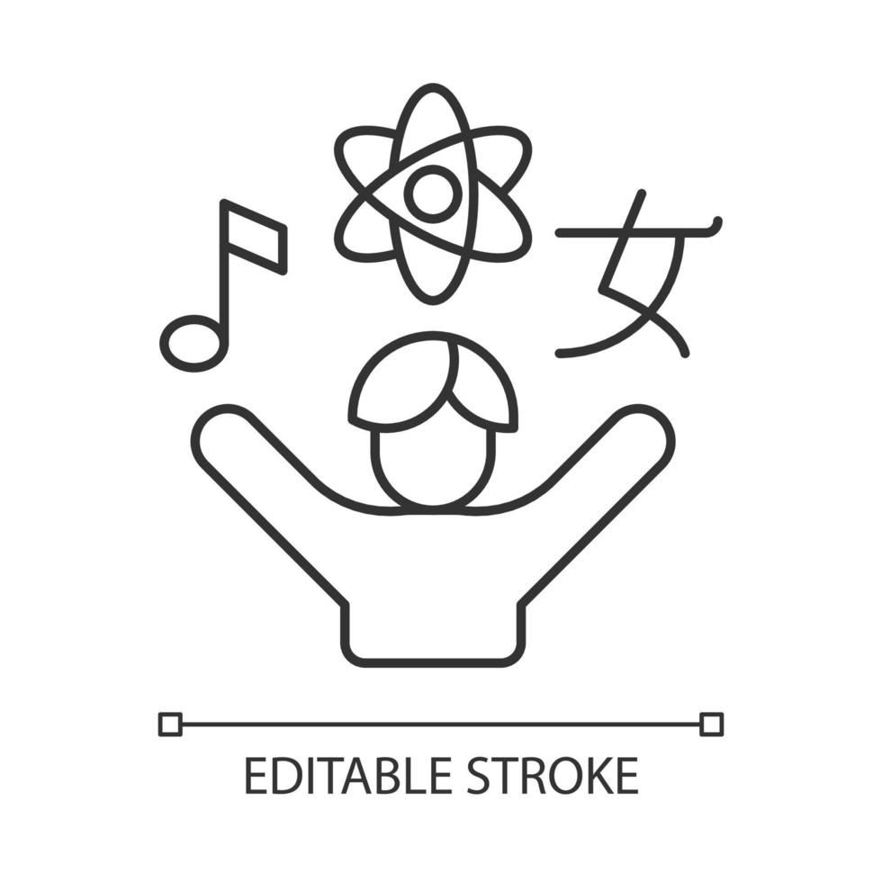 nieuwsgierigheid lineaire pictogram. leergierig naar nieuwe informatie. iets nieuws willen weten. dunne lijn aanpasbare illustratie. contour symbool. vector geïsoleerde overzichtstekening. bewerkbare streek