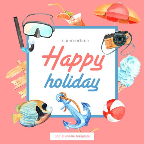 Reizen op vakantie zomer het strand Palm vakantie frame krans, zee en lucht zonlicht, creatieve aquarel vector illustratie ontwerp