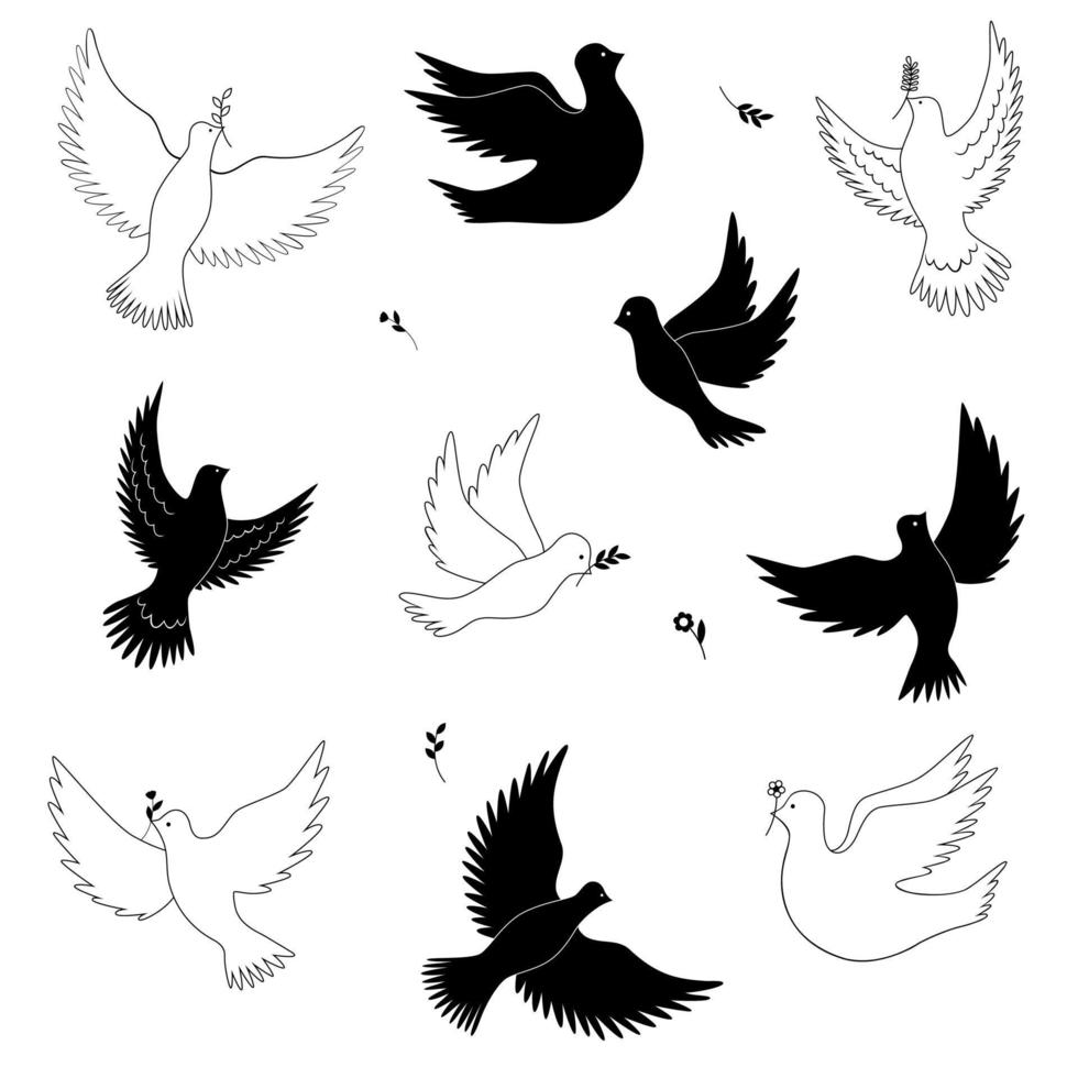 vliegende duif vector schets set. vredesduif.