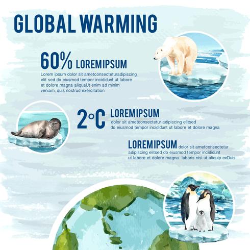 Opwarming van de aarde en vervuiling, red de wereld, Infographic gegevens statistiek aanwezig, creatief aquarel vector illustratie sjabloonontwerp