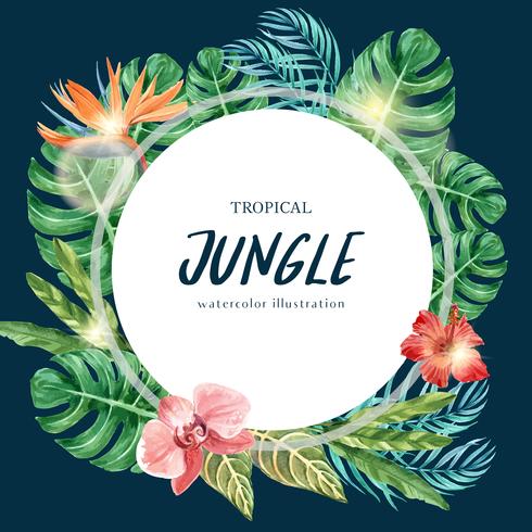 Tropische krans werveling ontwerp zomer met planten gebladerte exotische, creatieve aquarel vector illustratie sjabloonontwerp