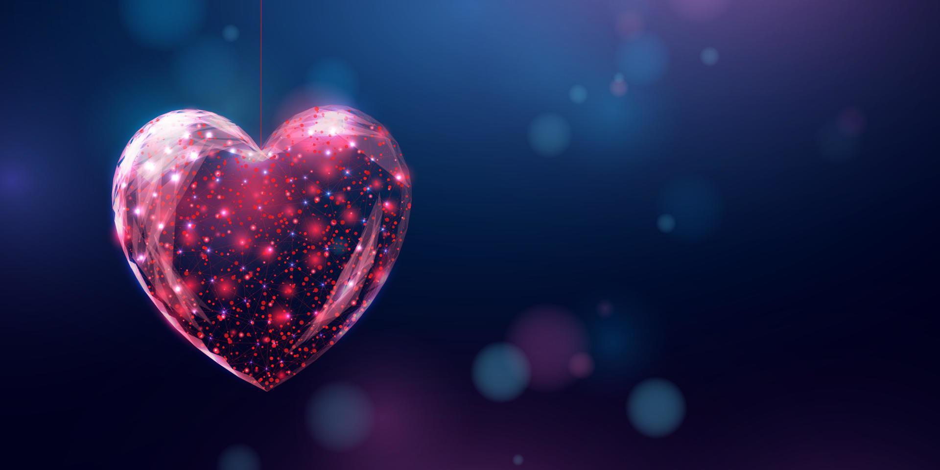 draadframe rood hart in lage polystijl. gelukkige valentijnsdagbanner. abstracte moderne 3d vectorillustratie op donkerblauwe achtergrond. vector