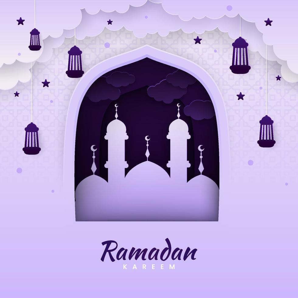 ramadan kareem papier gesneden vector. spandoek of poster met lantaarn, ster en wolkenornament, geschikt voor het vieren van ramadan-evenementen. vector