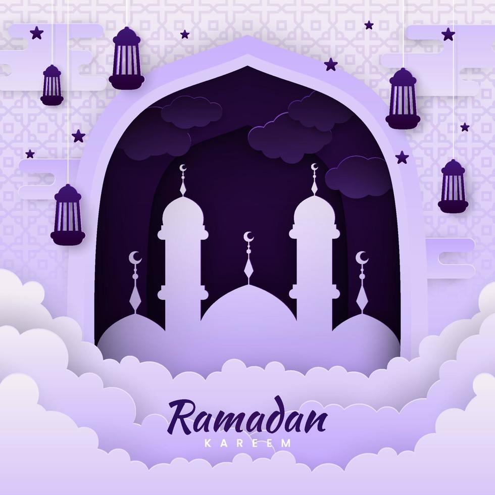 ramadan kareem papier gesneden vector. spandoek of poster met lantaarn, ster en wolkenornament, geschikt voor het vieren van ramadan-evenementen. vector