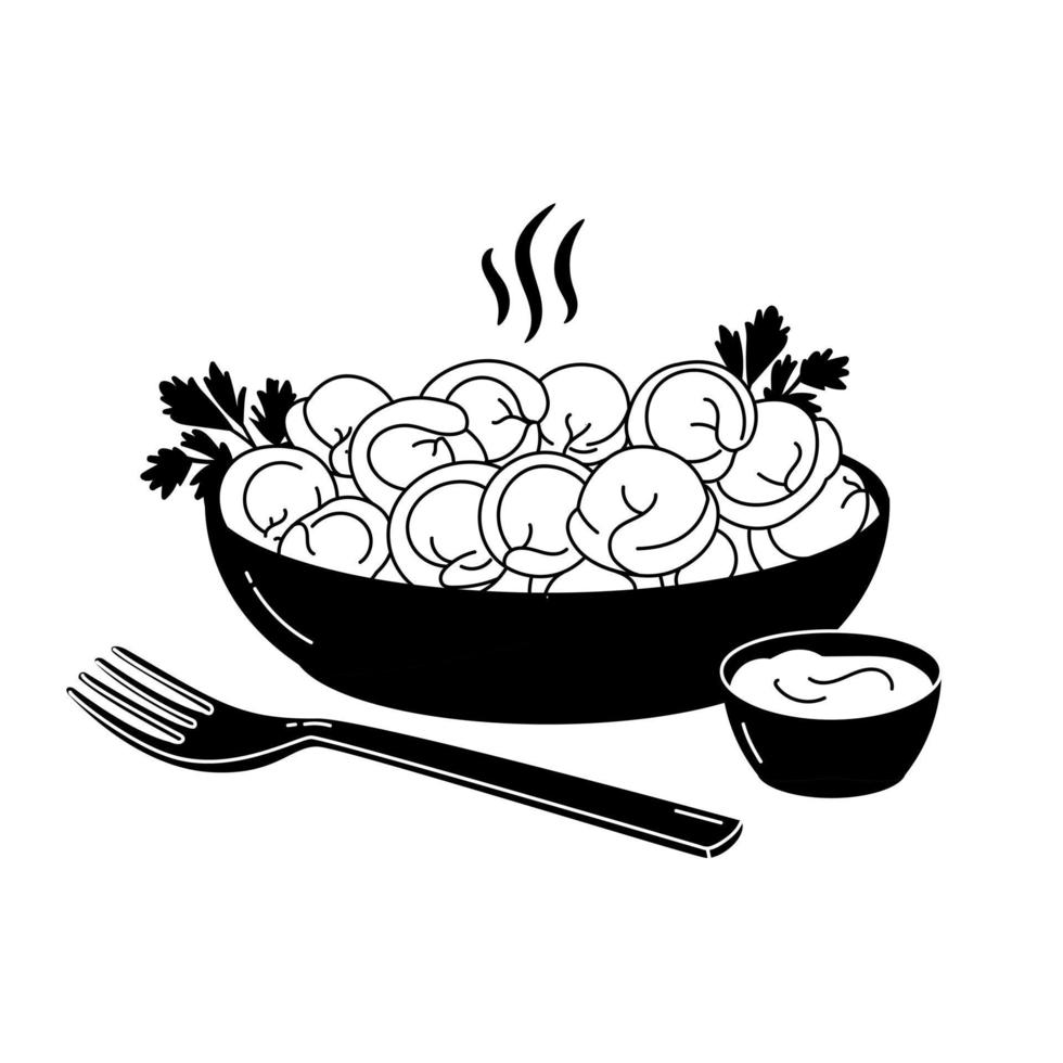 Russische pelmeni. vlees dumplings op plaat met zure room en takje peterselie, vork. voedsel. vector