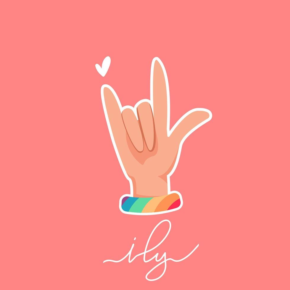 LGBT verhoogde ik hou van je symbool hand met ily handgeschreven letters. vectorkaart voor valentijnsdag met hart. hand met regenboog armband. vector