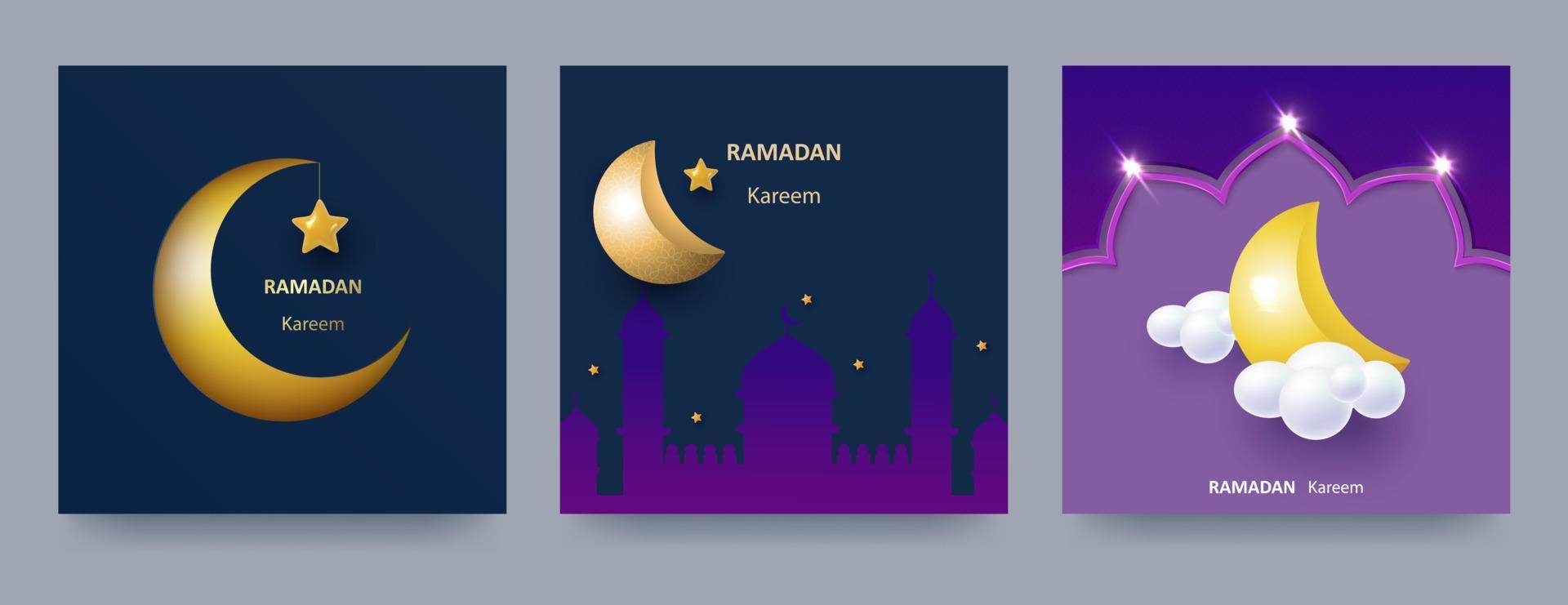 ramadan kareem poster of uitnodiging set met 3D-papier gesneden islamitische moskeeën, sterren en wassende maan op blauwe en lichte achtergrond. vector