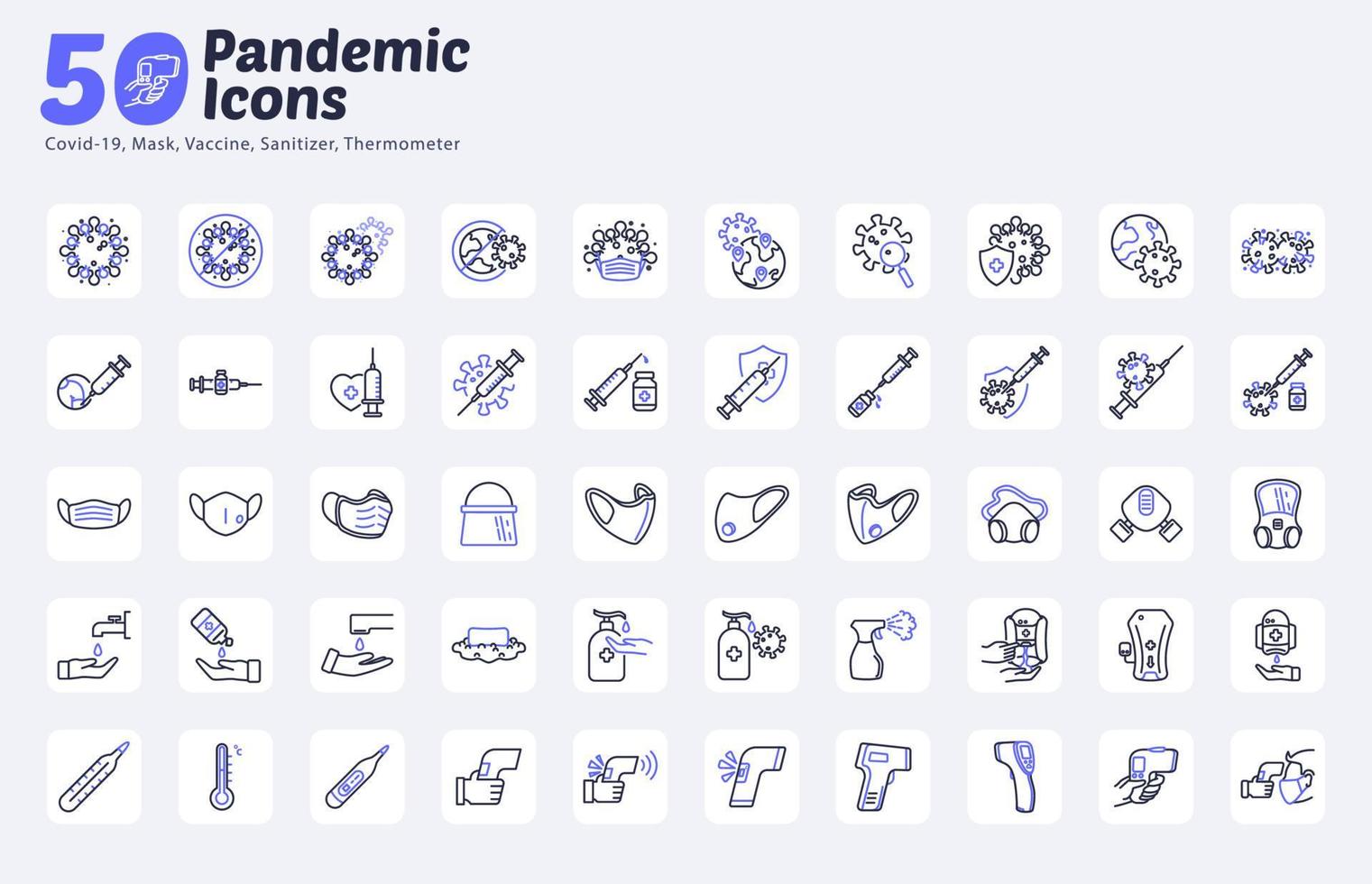 50 pandemische iconen pack, covid 19, masker, ontsmettingsmiddel, vaccin, thermometer, vector