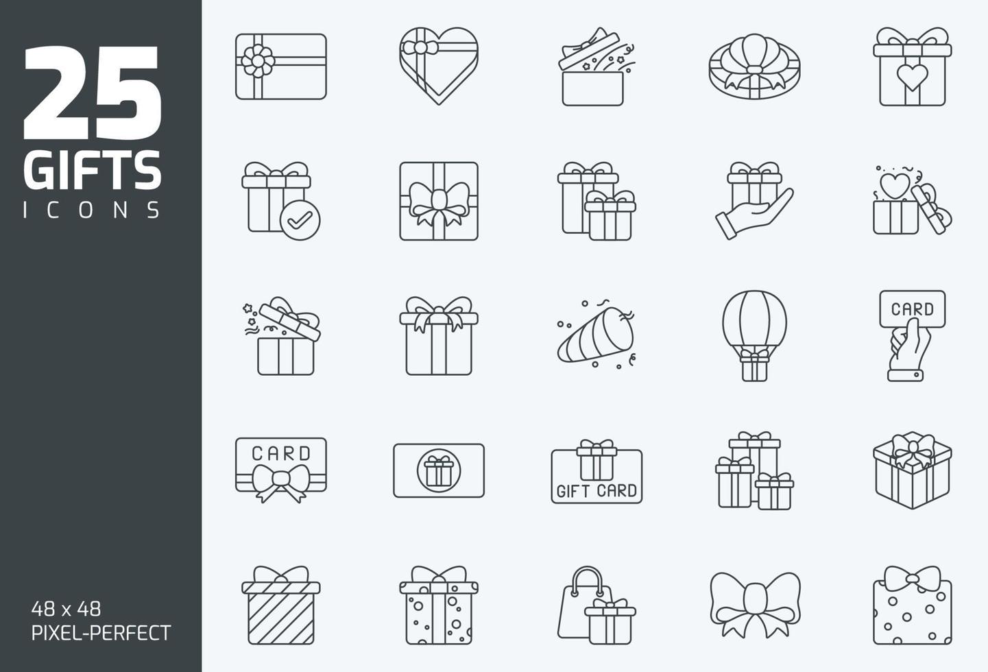 cadeau iconen set, geschenken, cadeaubonnen, heden, verrassing, overzicht vector iconen illustratie set