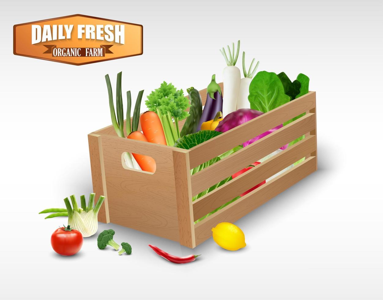 verse groente in houten kisten op een witte background.vector vector