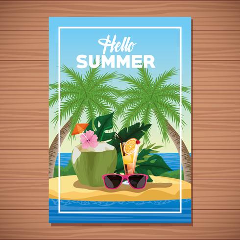 Hallo zomer kaart poster met tekenfilms vector