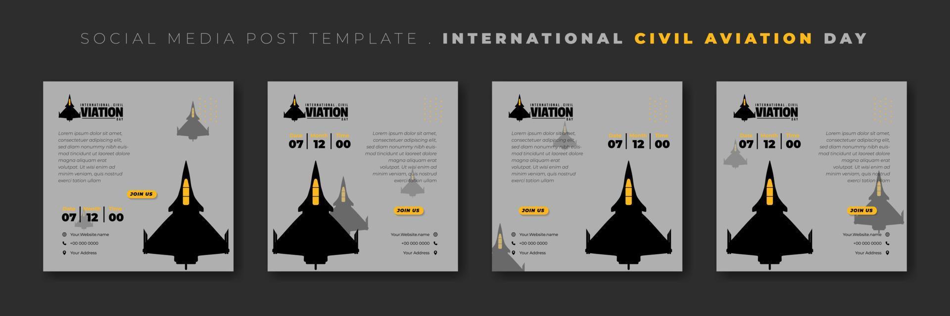 set van social media postsjabloon met luchtmacht vliegtuig vectorillustratie. internationale burgerluchtvaartdag sjabloonontwerp. vector