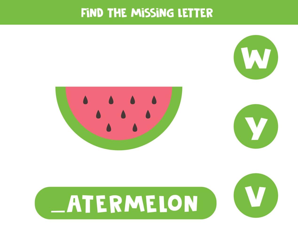 vind ontbrekende letter met verse watermeloenplak. werkblad spelling. vector