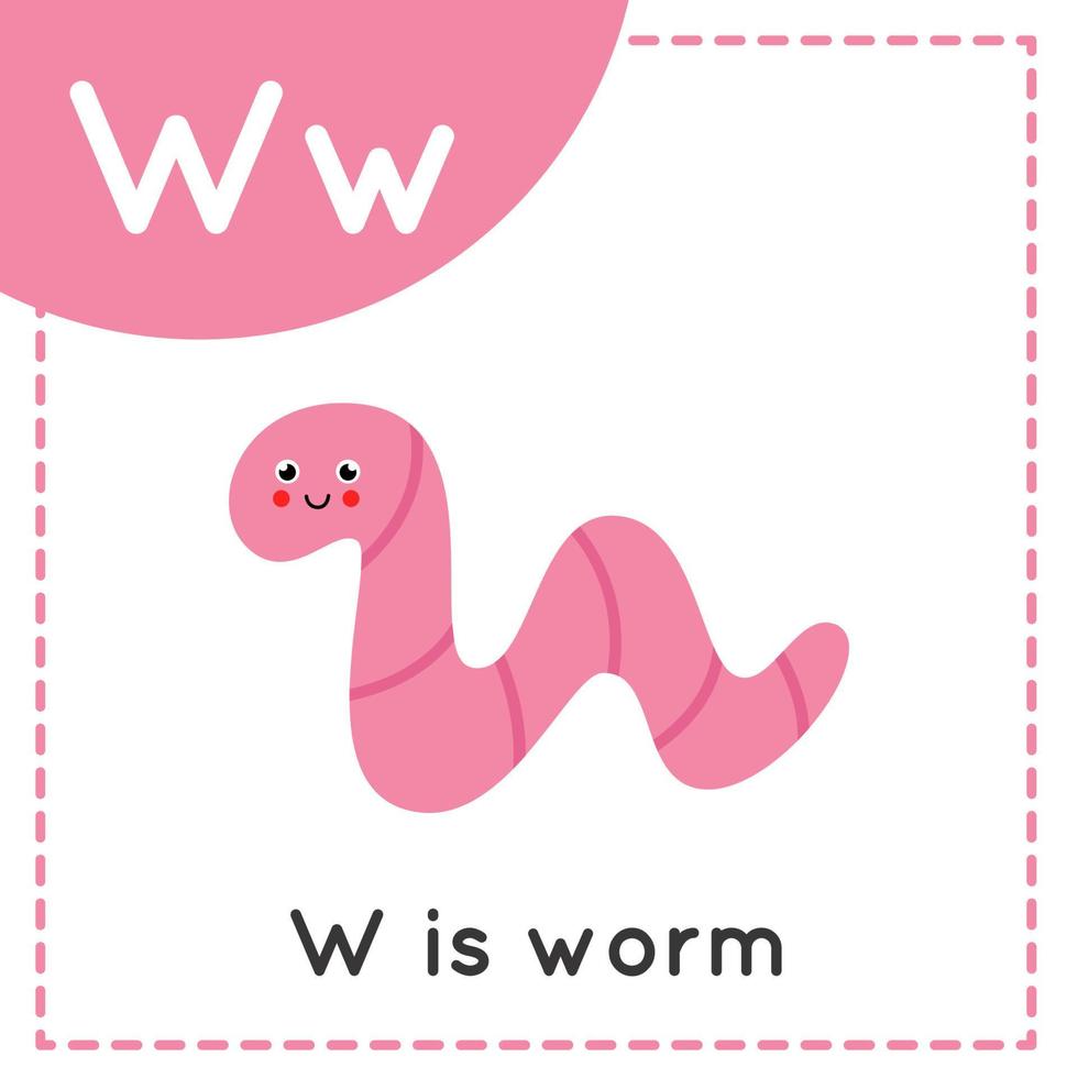 Engels alfabet leren voor kinderen. letter W. leuke tekenfilmworm. vector