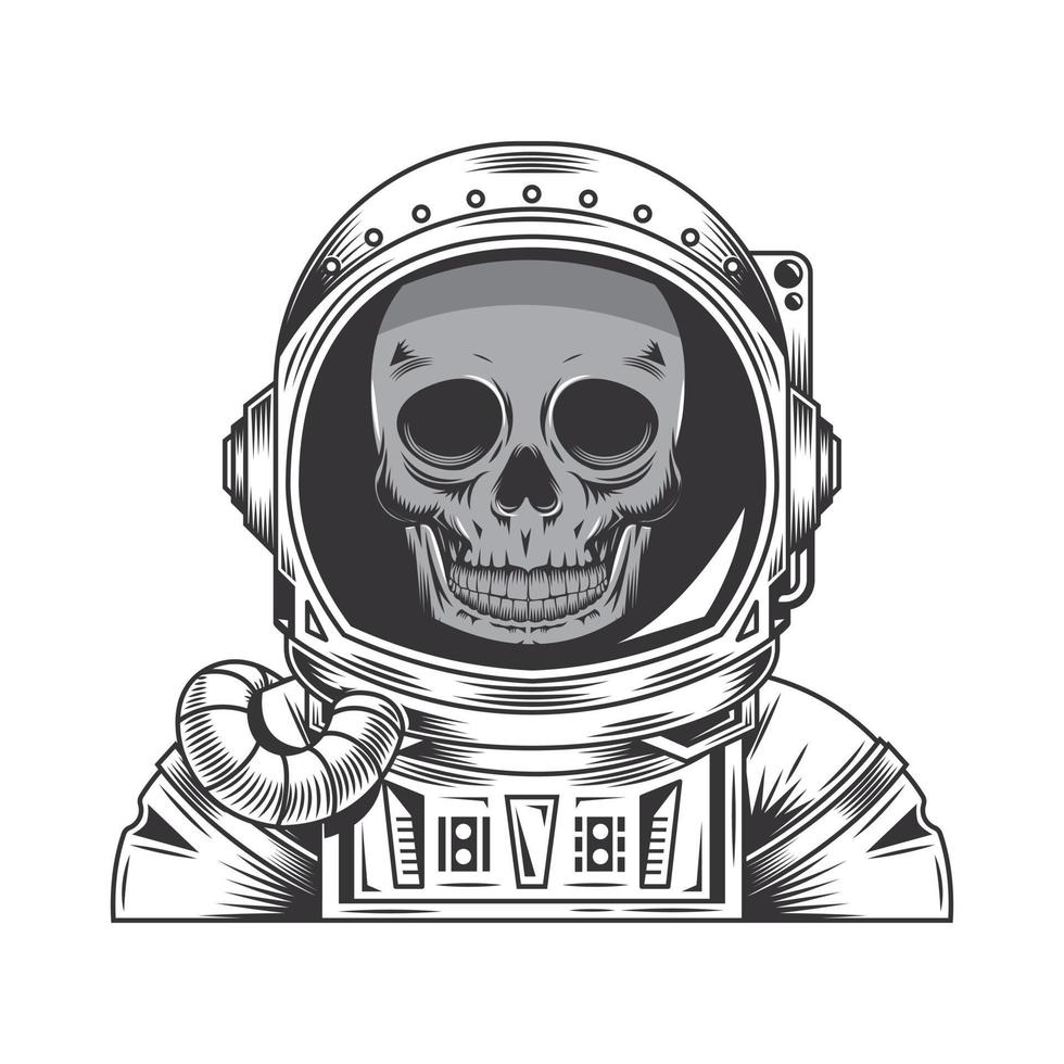 schedel astronaut lijn kunst vintage tatoeage of print ontwerp vectorillustratie. vector