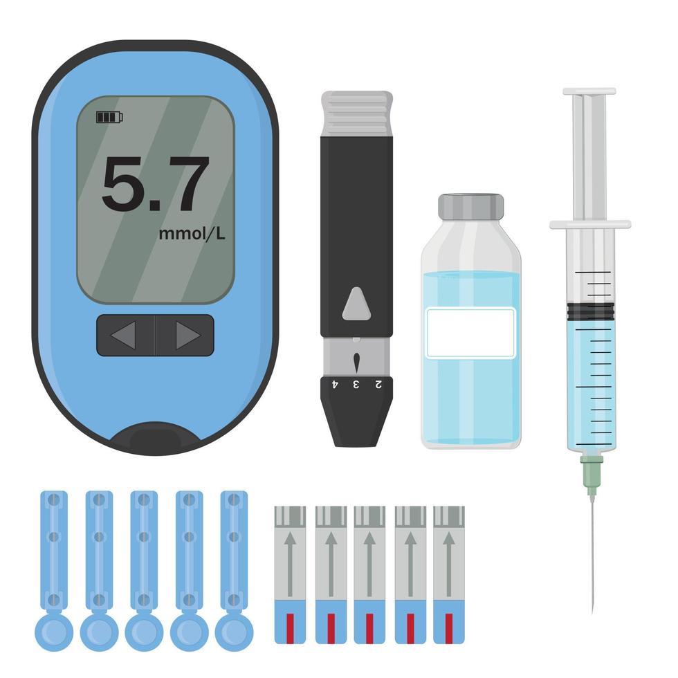 pictogrammen instellen met bloedglucosemeter insuline pen spuit geïsoleerde vector illustratie