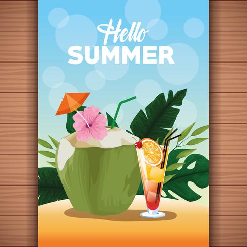 Hallo zomer kaart poster met tekenfilms vector