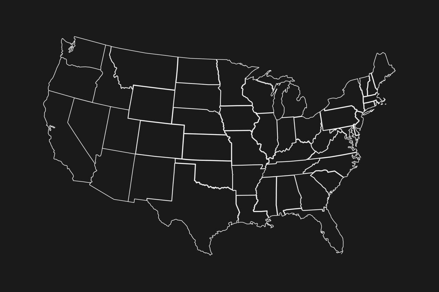 hoge gedetailleerde kaart van de vs met staten grenzen op zwarte backgrond vector
