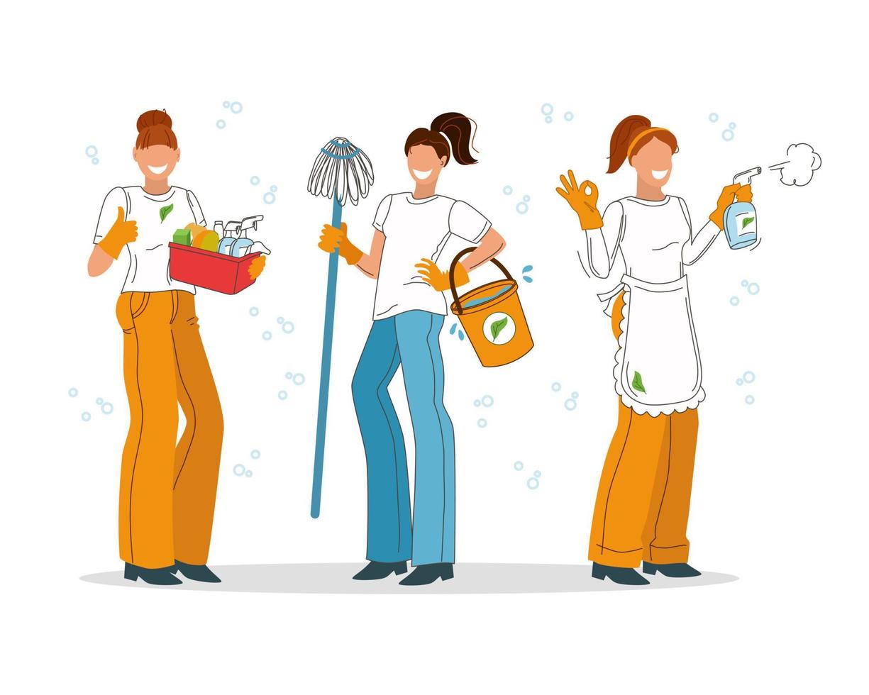 vrouwelijke werknemers van een schoonmaakbedrijf op een witte achtergrond. huishoudsters. vectorillustratie. vector