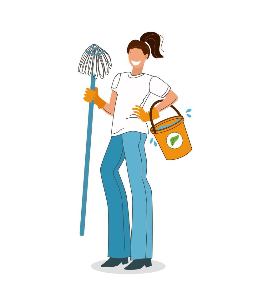 schoonmaakster met een emmer water en een dweil. schoonmaakdienst. de huishoudster. vectorillustratie. vector