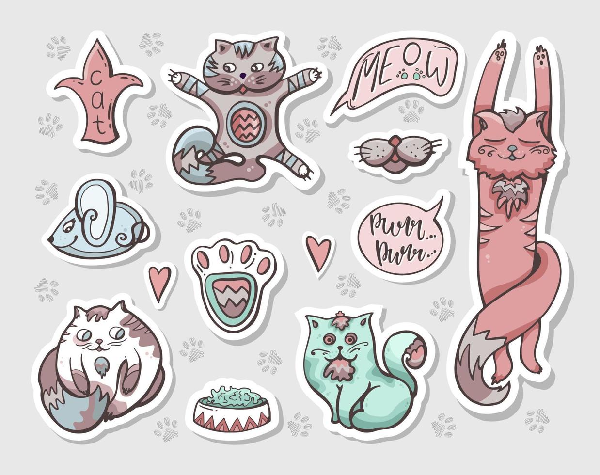 set stickers met katten. handgetekende vectorafbeeldingen met labels. vector