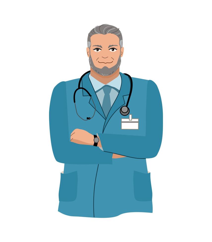 positieve arts met een stethoscoop staat op een witte achtergrond. gezondheidszorg. vectorillustratie. vector