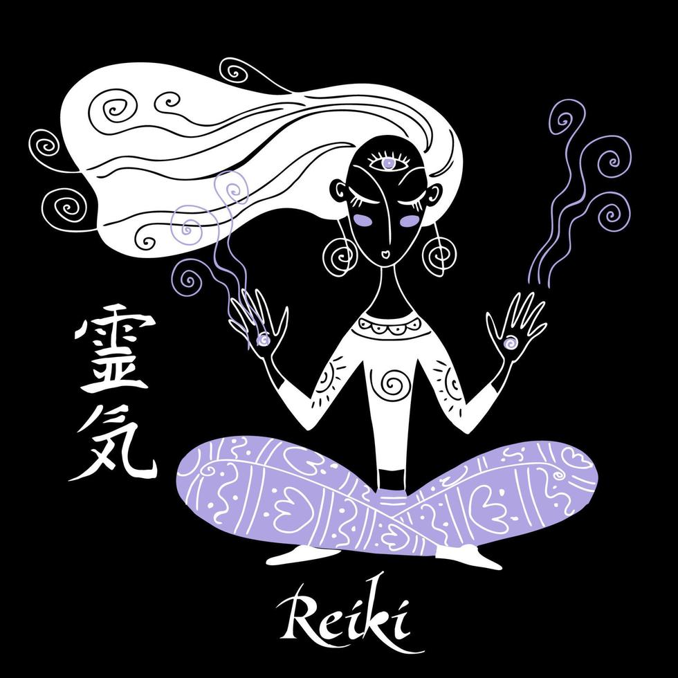 reiki genezing. een meisje in de lotushouding leidt een reikisessie. vector. vector