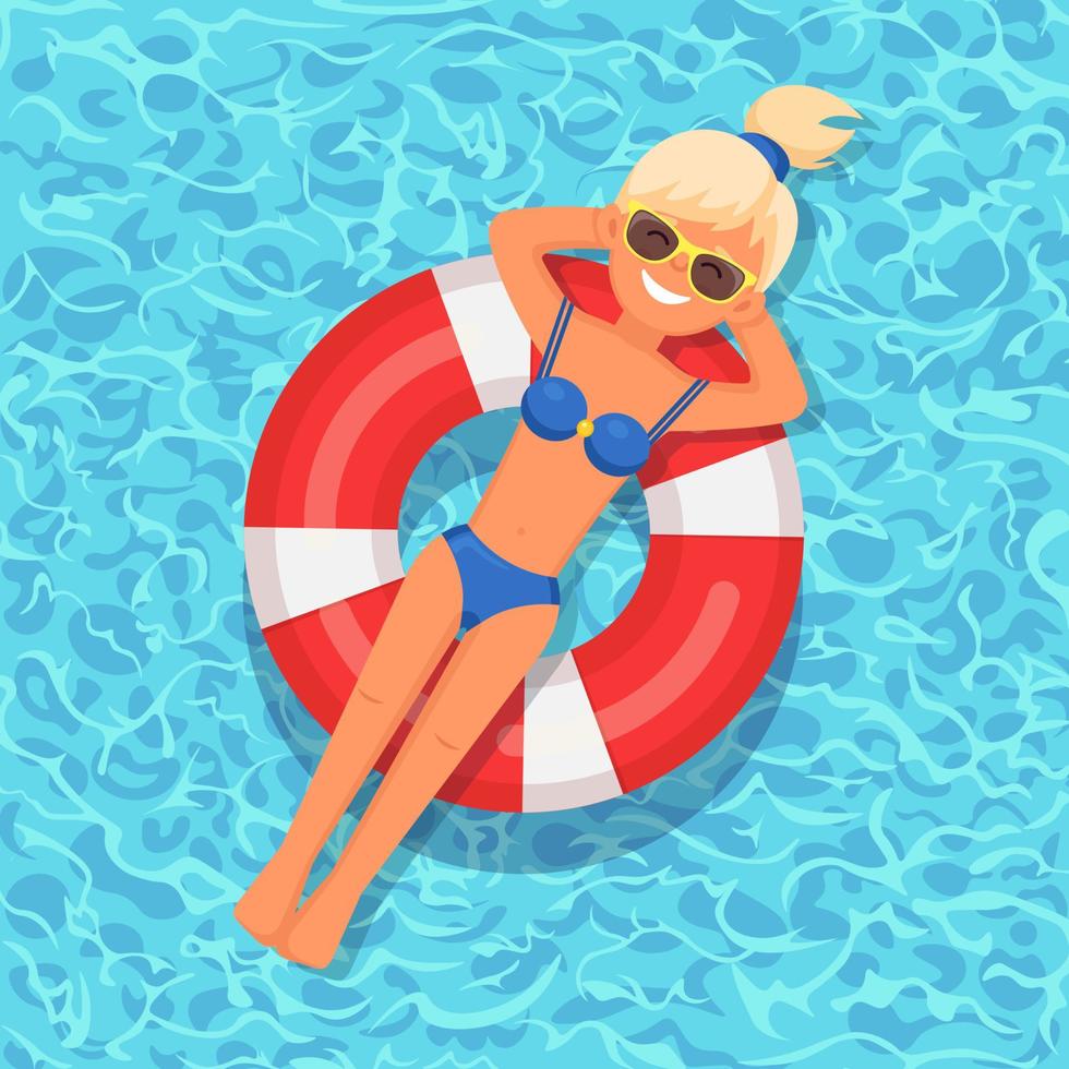 glimlach meisje zwemt, looien op luchtbed, reddingsboei in zwembad. vrouw drijvend op strand speelgoed, rubberen ring. opblaasbare cirkel op water. zomervakantie, vakantie, reistijd. vector plat ontwerp