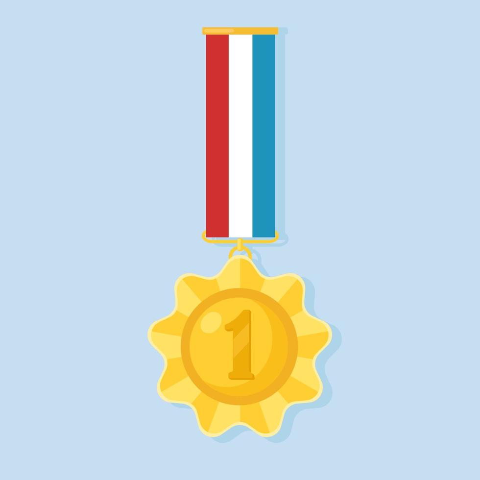 gouden medaille met kleurrijk lint voor de eerste plaats. trofee, winnaar award geïsoleerd op de achtergrond. gouden kentekenpictogram. sport, zakelijke prestatie, overwinningsconcept. vectorillustratie. platte stijl ontwerp vector