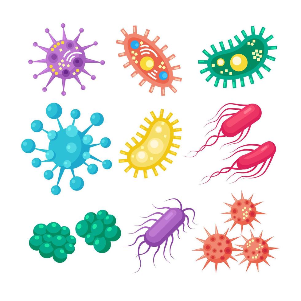 set van bacteriën, microben, virussen, ziektekiemen. ziekteverwekkend object geïsoleerd op de achtergrond. bacteriële micro-organismen, probiotische cellen. vectorbeeldverhaalontwerp. vector