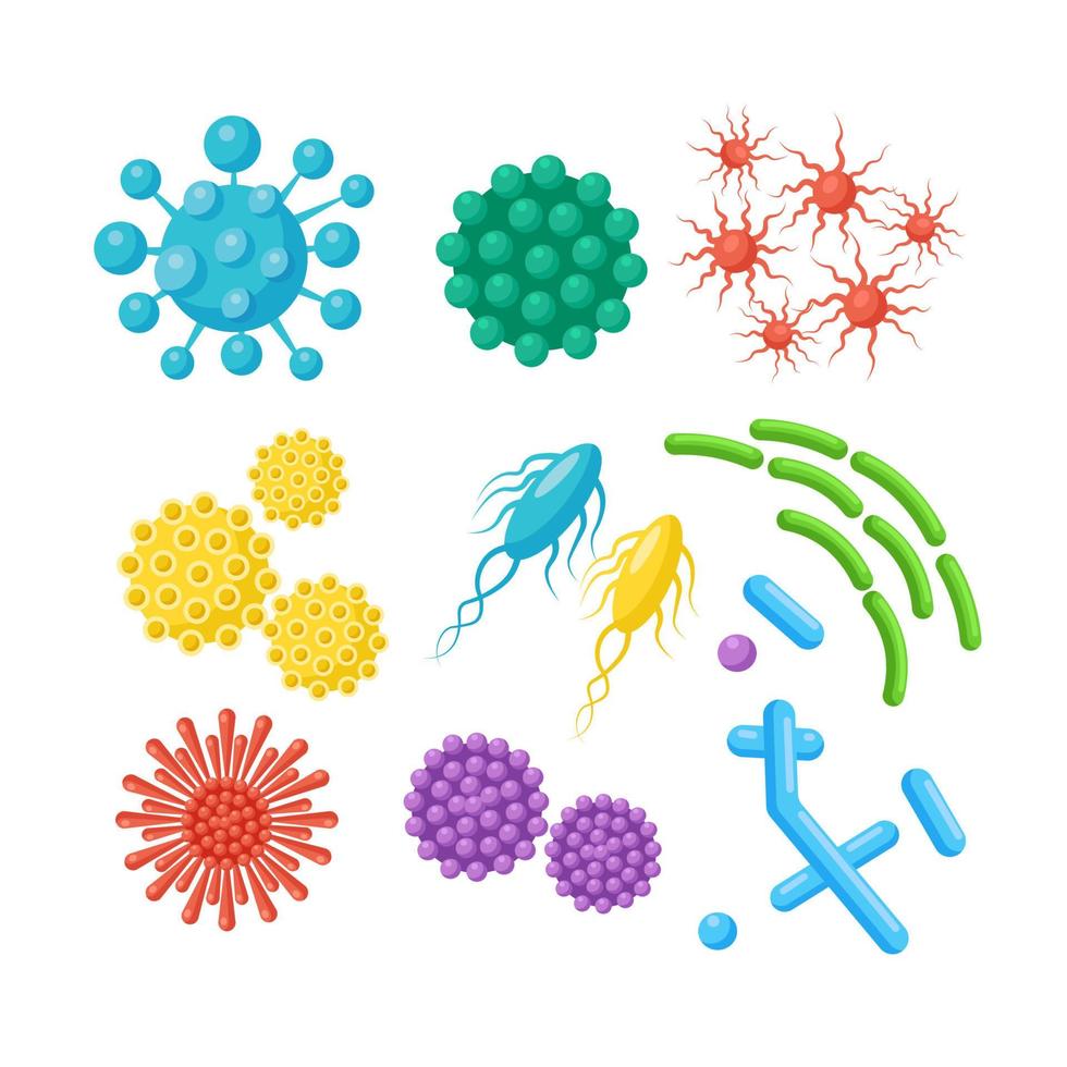 set van bacteriën, microben, virussen, ziektekiemen. ziekteverwekkend object geïsoleerd op de achtergrond. bacteriële micro-organismen, probiotische cellen. vectorbeeldverhaalontwerp. vector