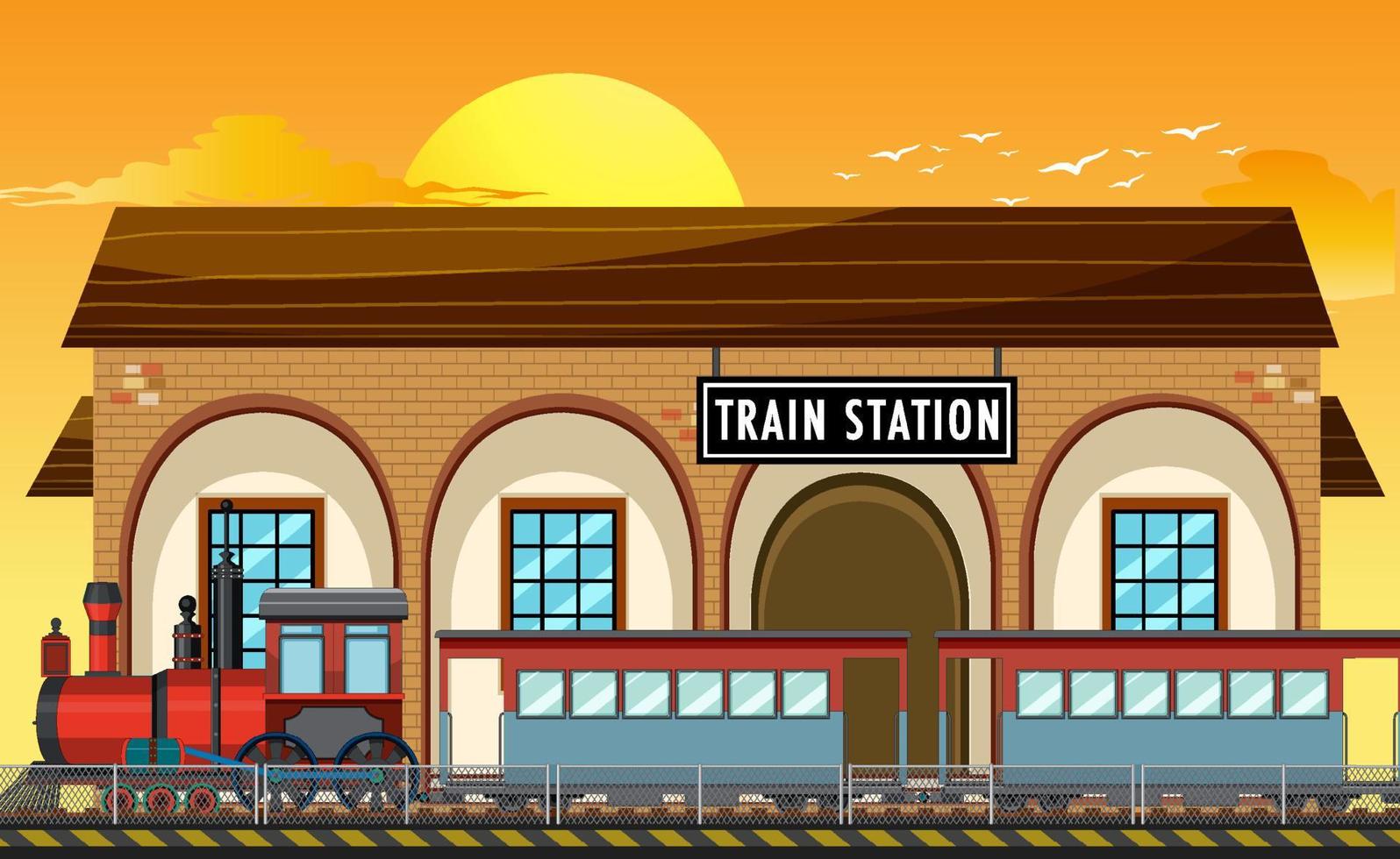 treinstationscène met stoomlocomotief vector