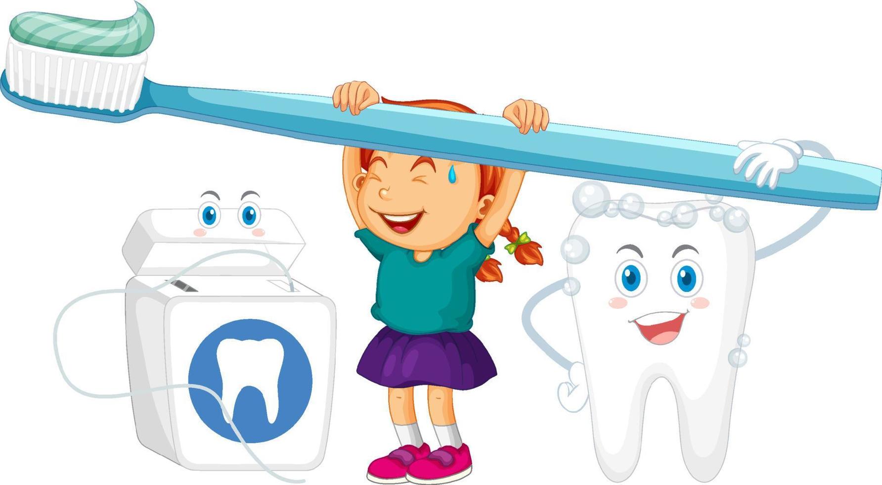 een klein meisje en een grote tand met tandpasta met wittere tanden op een witte achtergrond vector